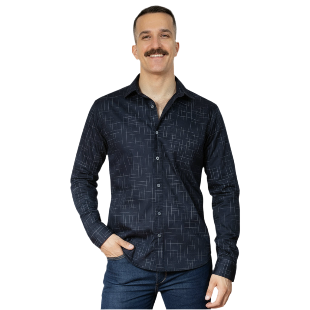 COLBY Long Sleeve Shirt in Navy Japanese Textured Print