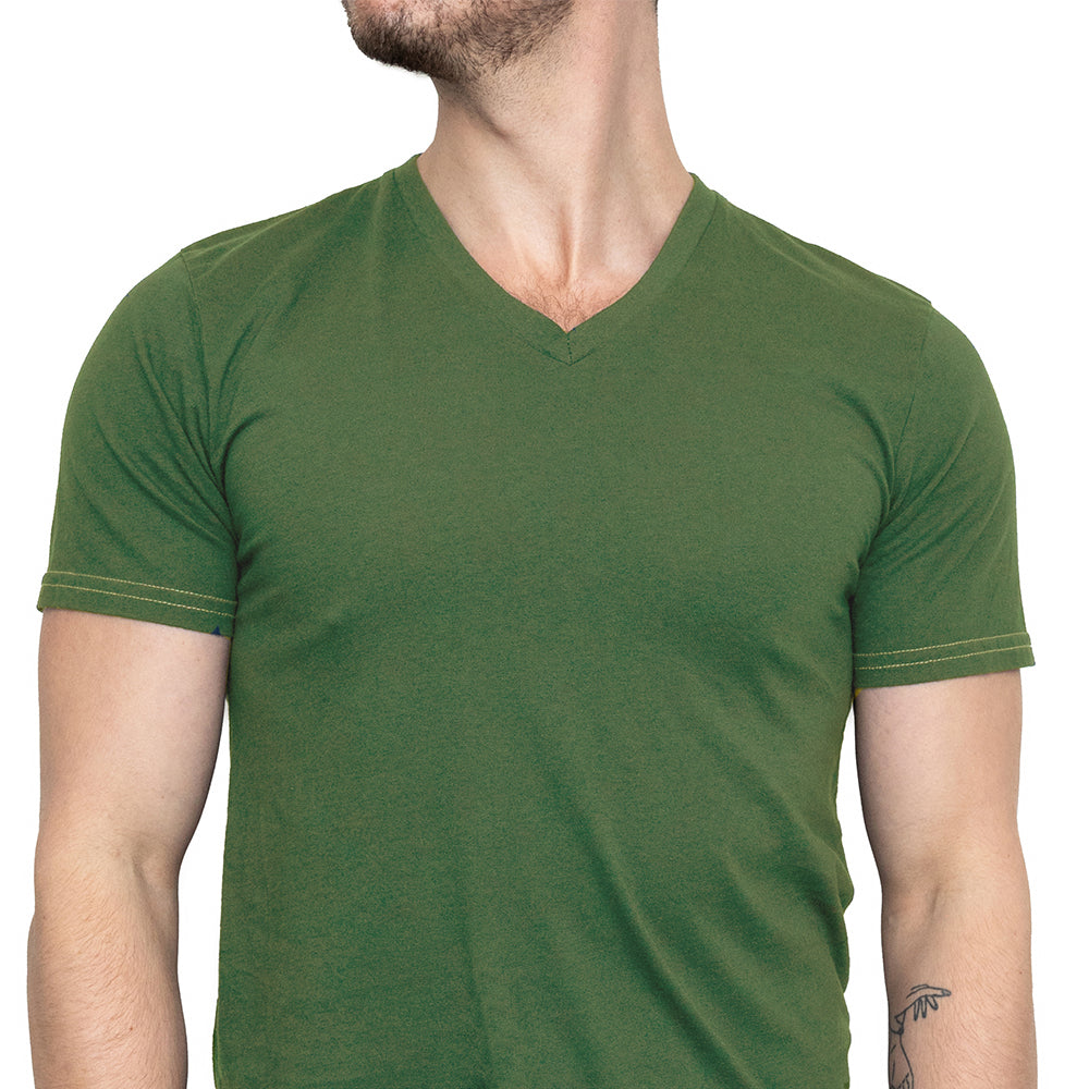 Army Green Cotton V-Neck Short Sleeve Tee - Made In USA (SIZE S)