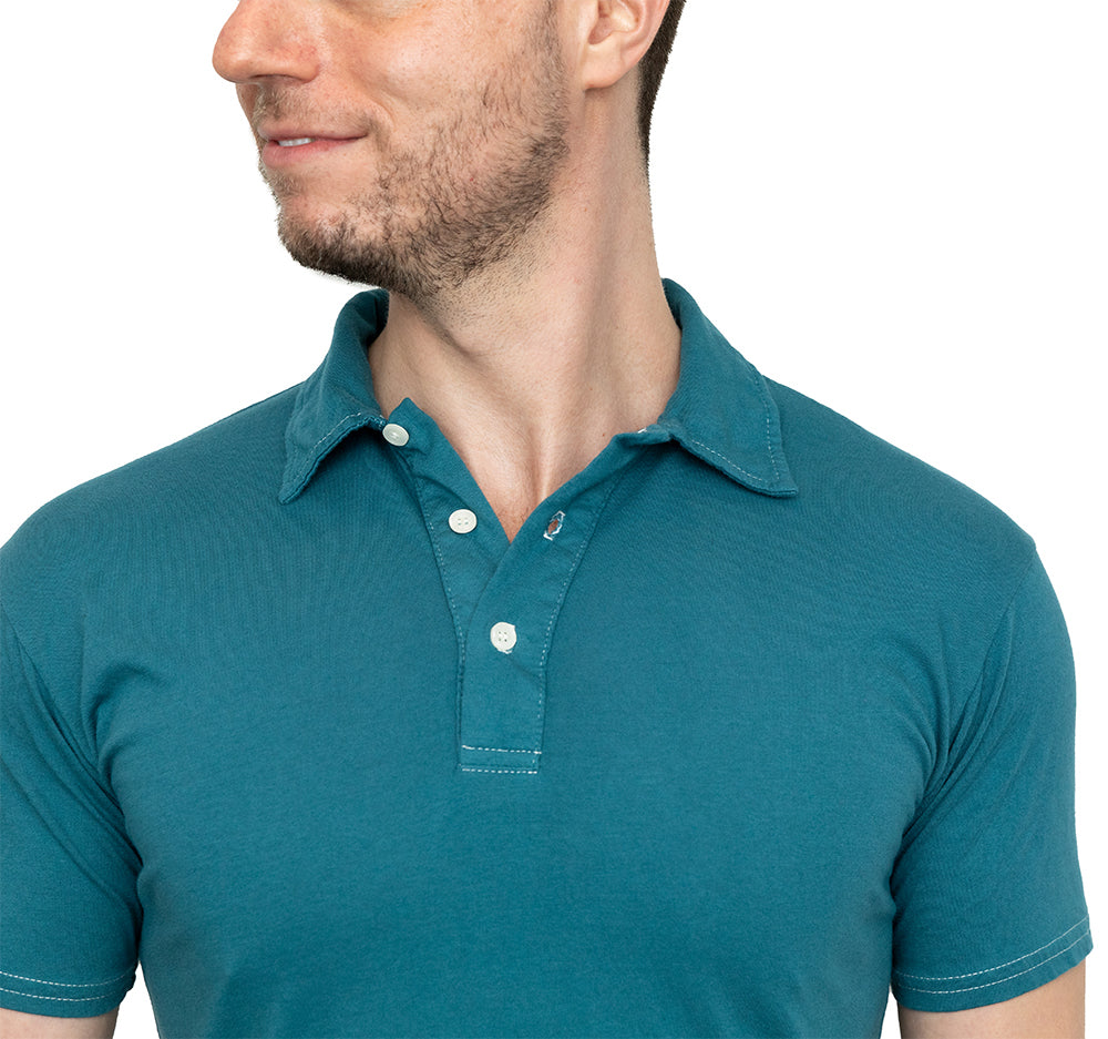 THE "HURLER" Organic Cotton Jersey Polo Shirt in Teal Blue (Size S)