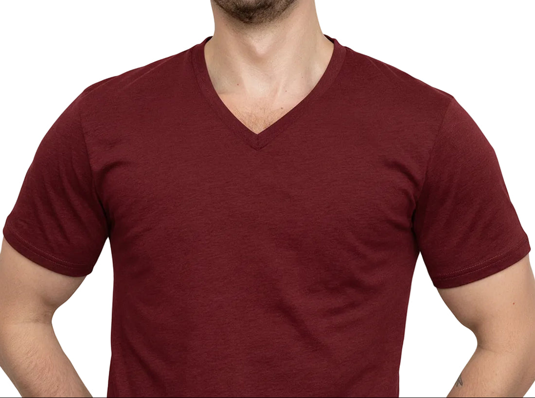 Red Wine Cotton V-Neck Short Sleeve Tee - Made In USA