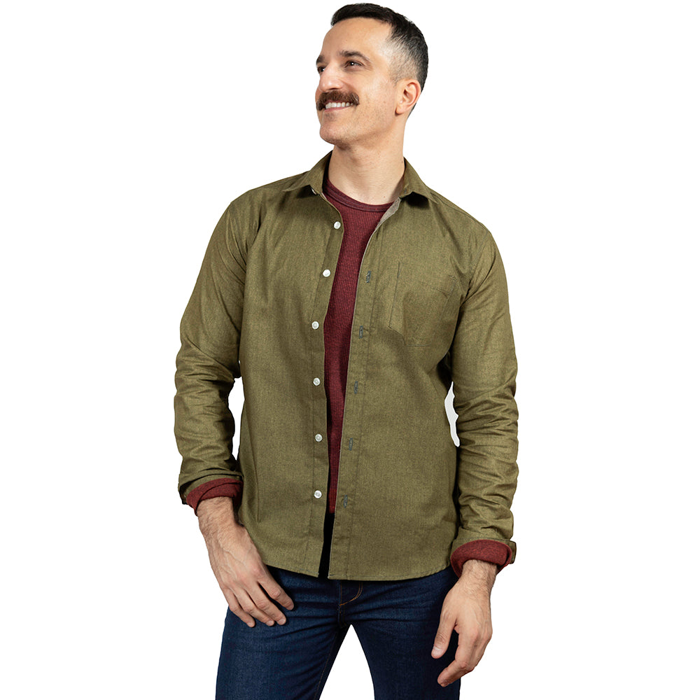 GARVER Long Sleeve Shirt in Olive All Over Japanese Solid Denim-Like Print