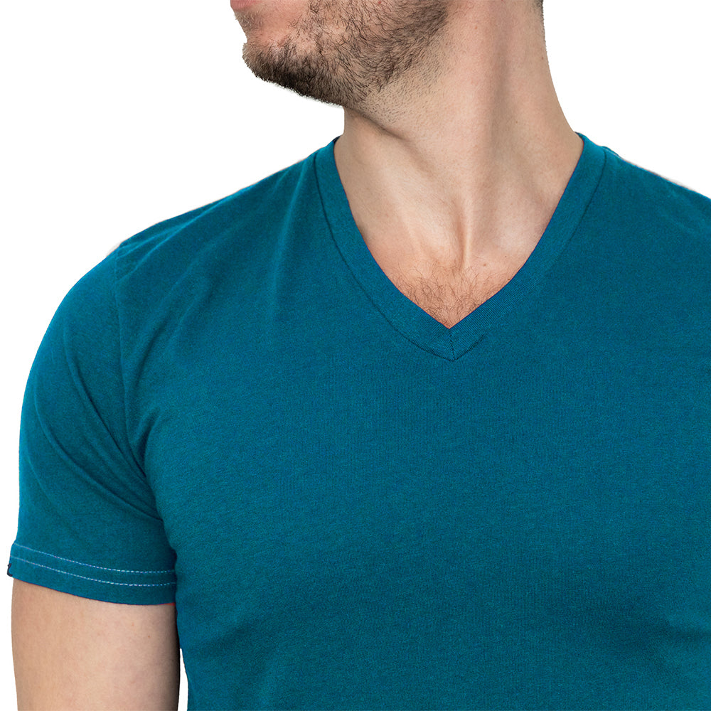 Teal Blue Cotton V-Neck Short Sleeve Tee - Made In USA (Size S)