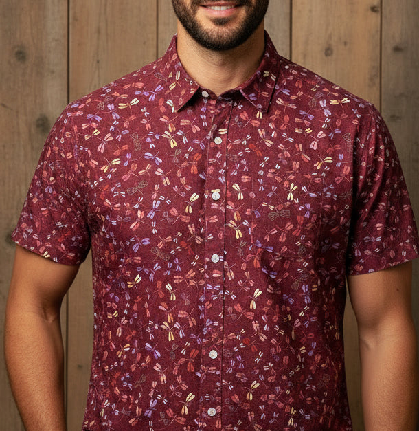 GABRIEL Short Sleeve Shirt in Red Japanese Dragonfly Print