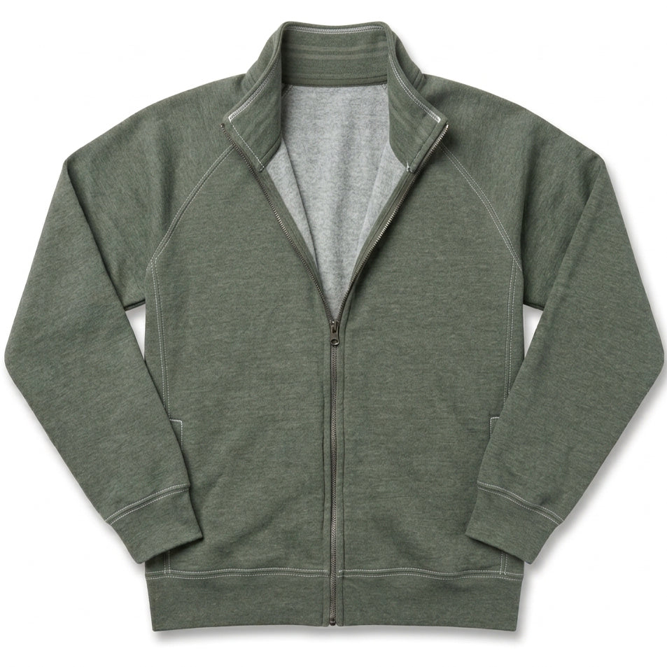 Olive Heather Full Zip Fleece Stand-Up Neck Collar Jacket