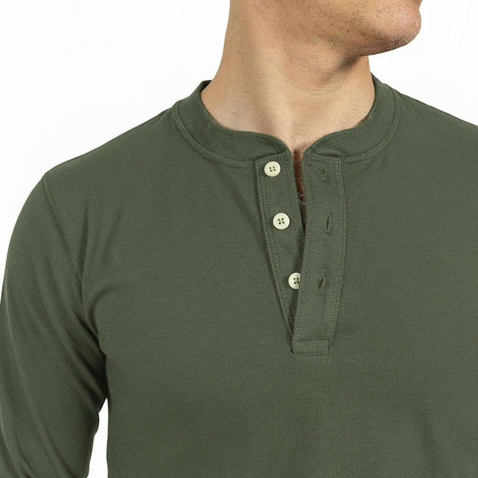 Olive Green Heavyweight Army Surplus Long Sleeve Henley Shirt