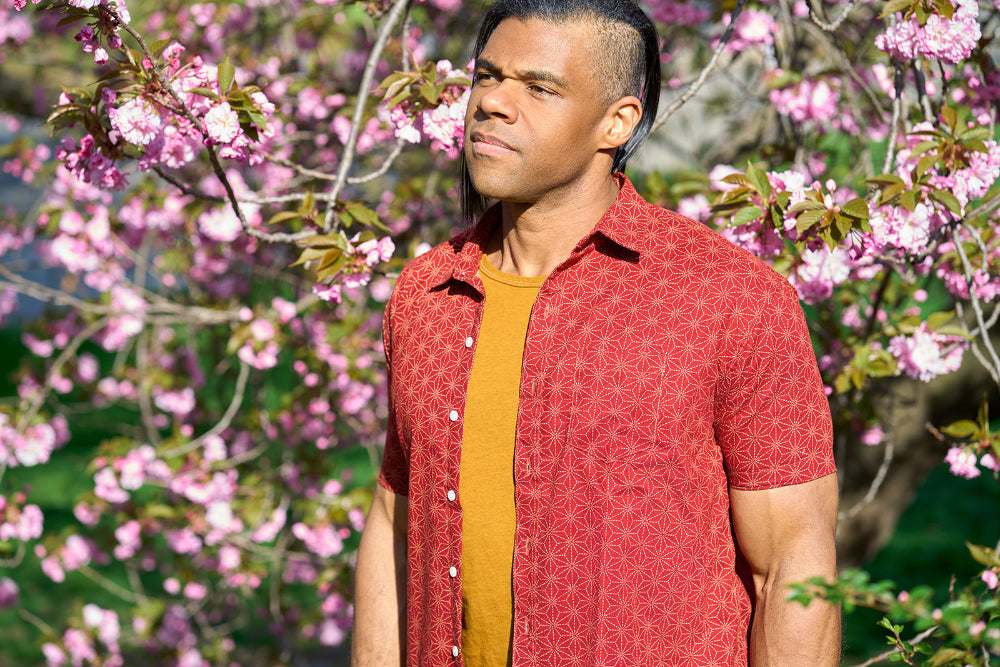 JONES Short Sleeve Shirt in Tomato Red Japanese Geometric Floral &