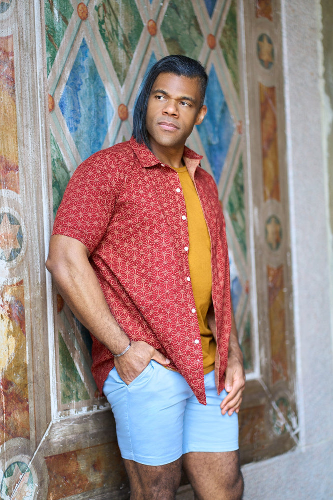JONES Short Sleeve Shirt in Tomato Red Japanese Geometric Floral &