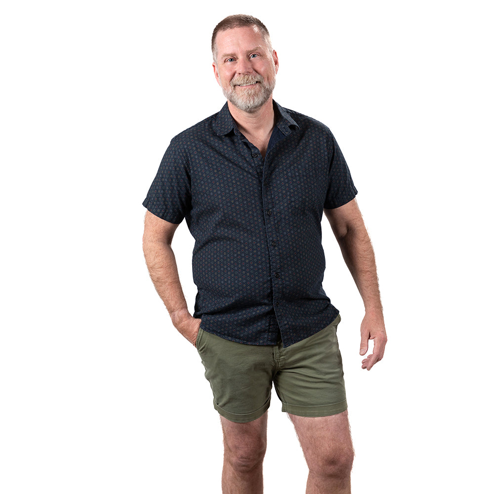 MICHAEL Short Sleeve Shirt in Navy Blue Japanese Geometric Floral Print