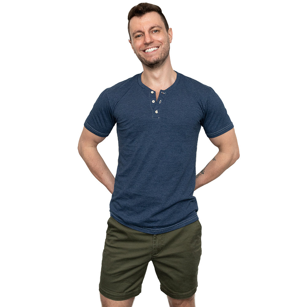 THE "SLUGGER" Short Sleeve Henley Tee in Navy Blue Heather (SIZE M & XL)