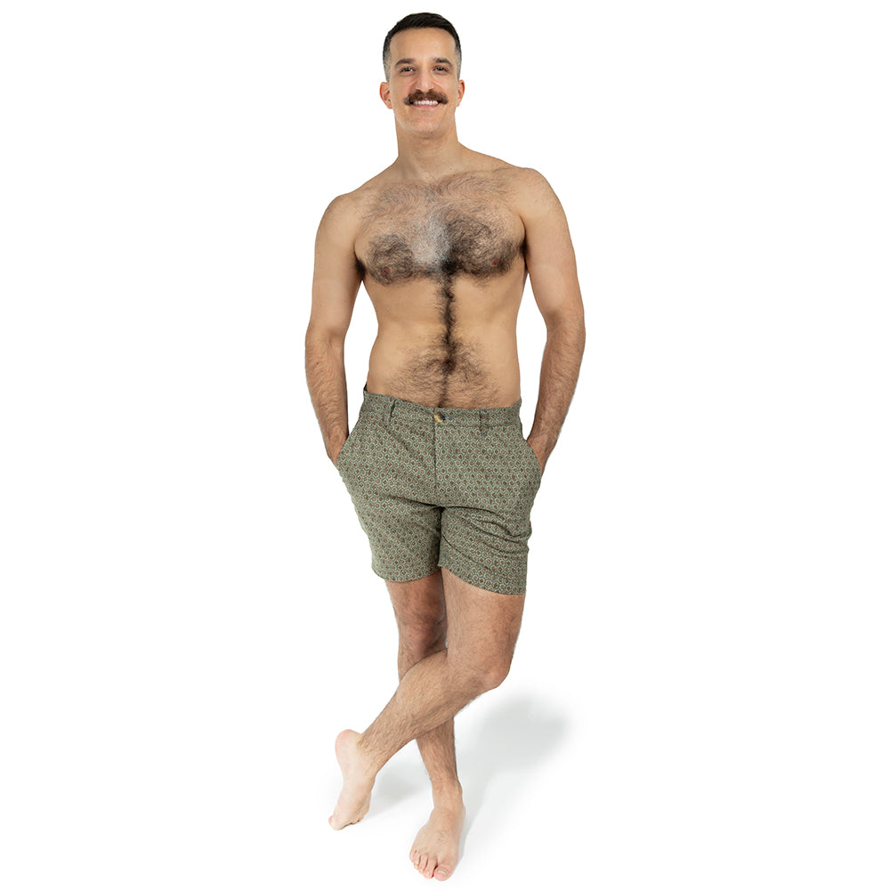 Khaki Japanese Floral Mosaic Print Cotton Shorts - Made in USA