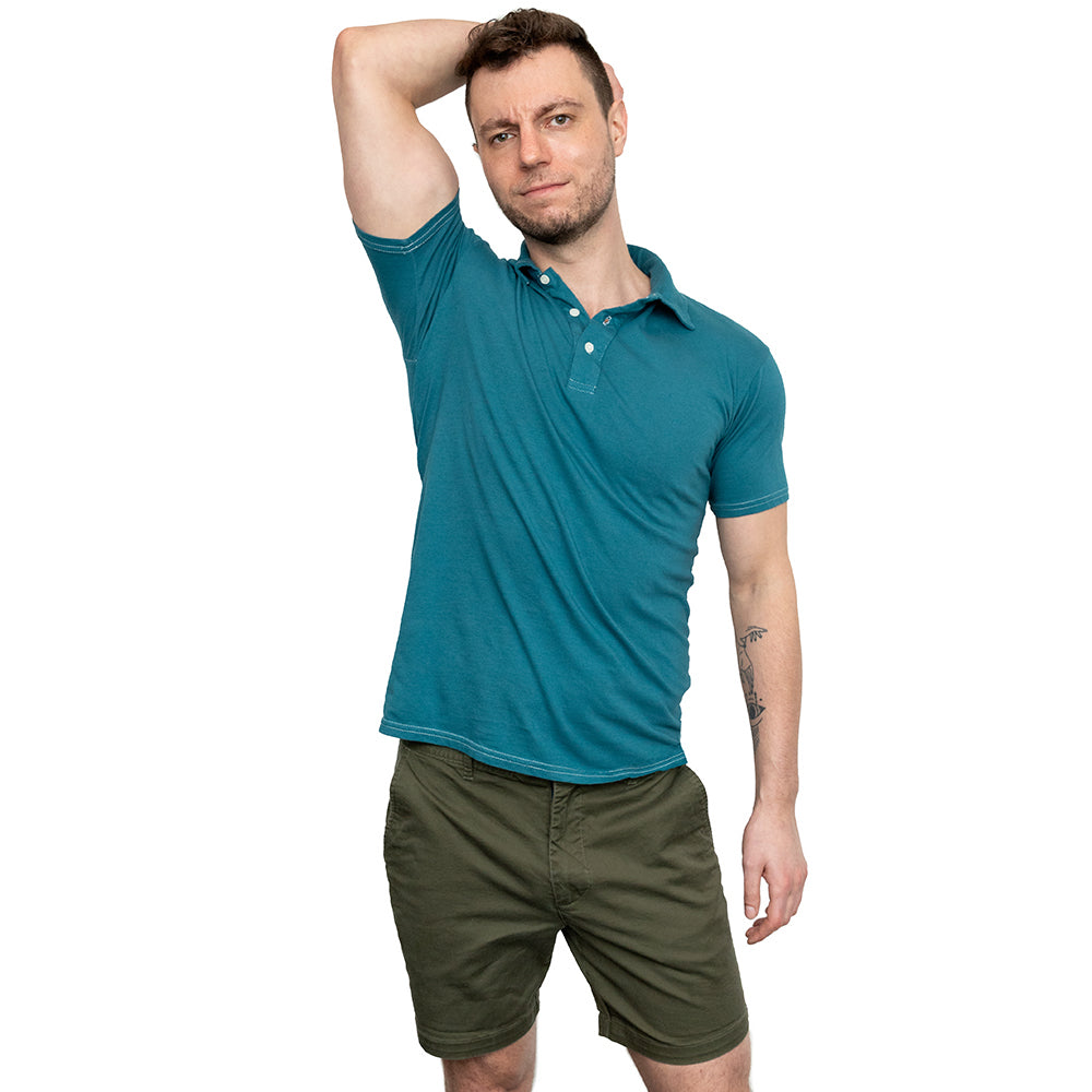 THE "HURLER" Organic Cotton Jersey Polo Shirt in Teal Blue (Size S)