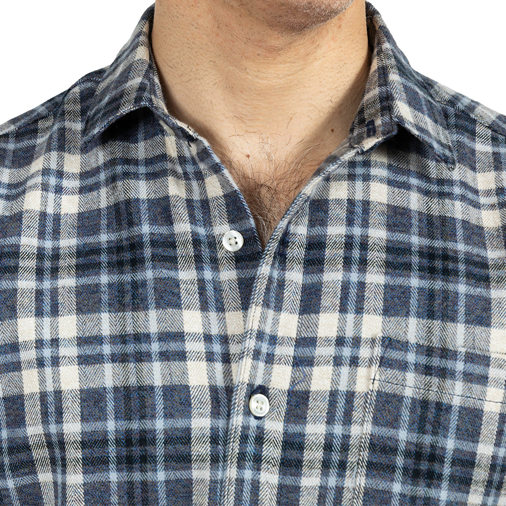 RICHMOND Long Sleeve Shirt in Brushed Cotton Blue & White Herringbone Weave Plaid