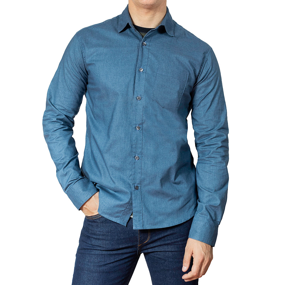 WALTON Long Sleeve Shirt in Blue All Over Japanese Solid Denim-Like Print