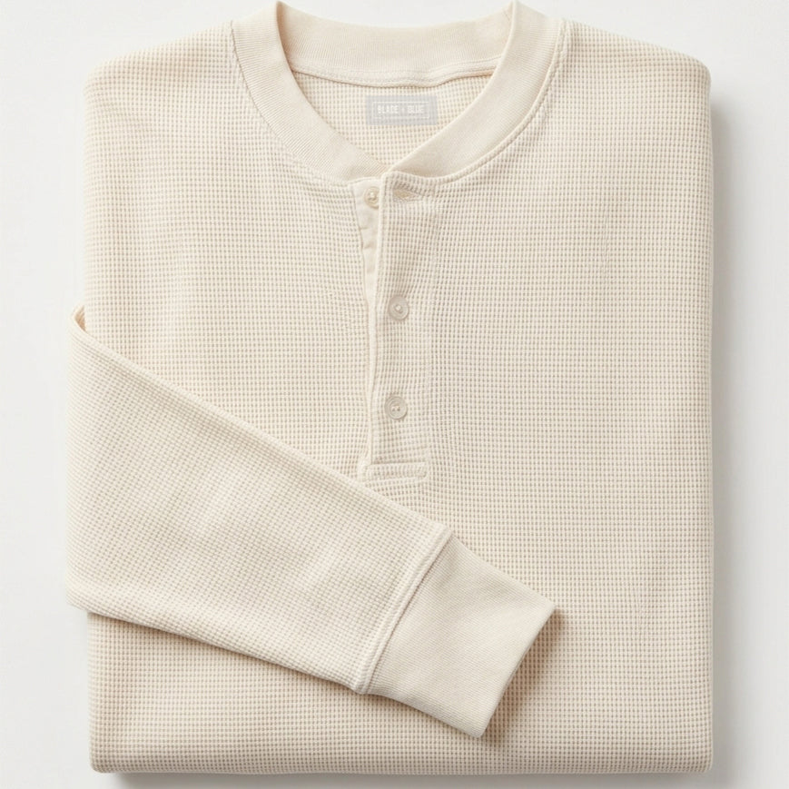 "RUSHER": Waffle Stitch Long Sleeve Military Henley Shirt in Ecru - Made in USA