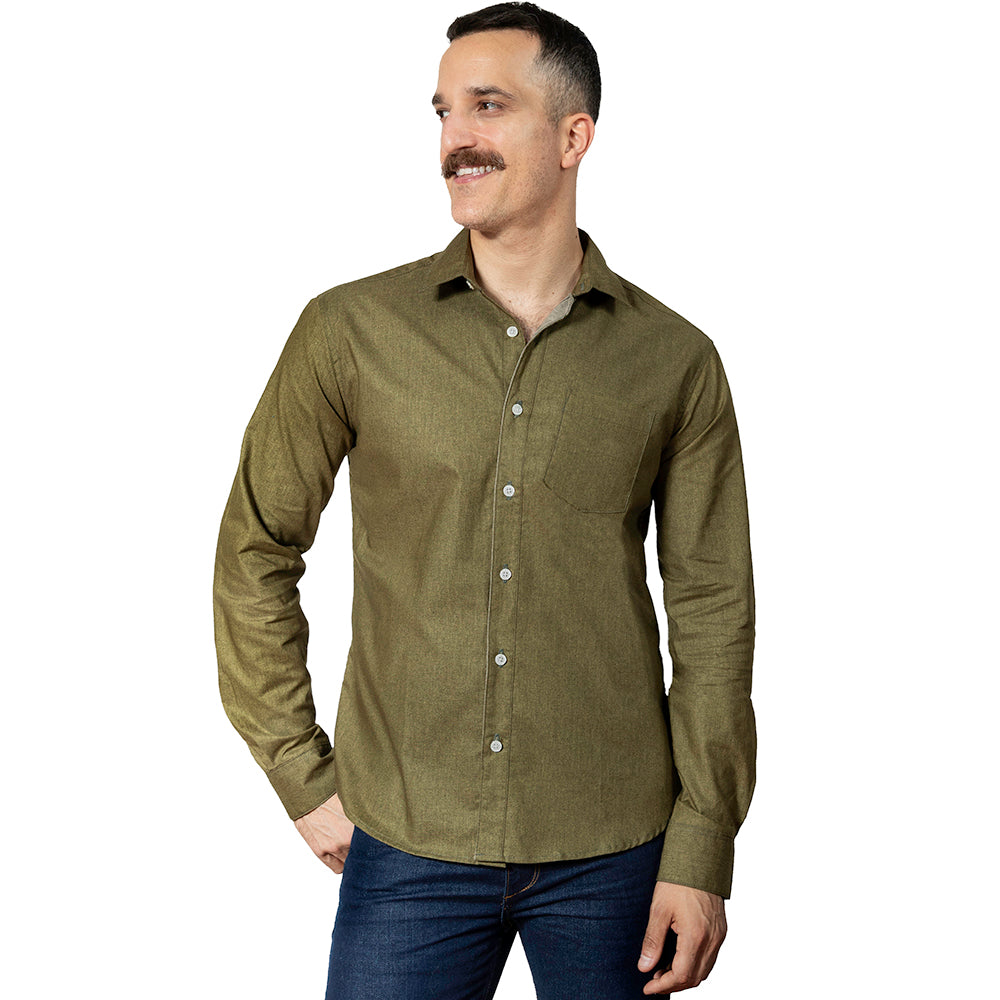 GARVER Long Sleeve Shirt in Olive All Over Japanese Solid Denim-Like Print
