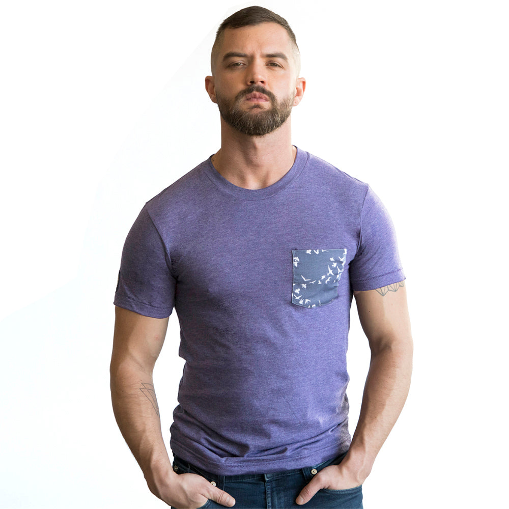 Purple Heather With Flying Birds Print Pocket T-Shirt