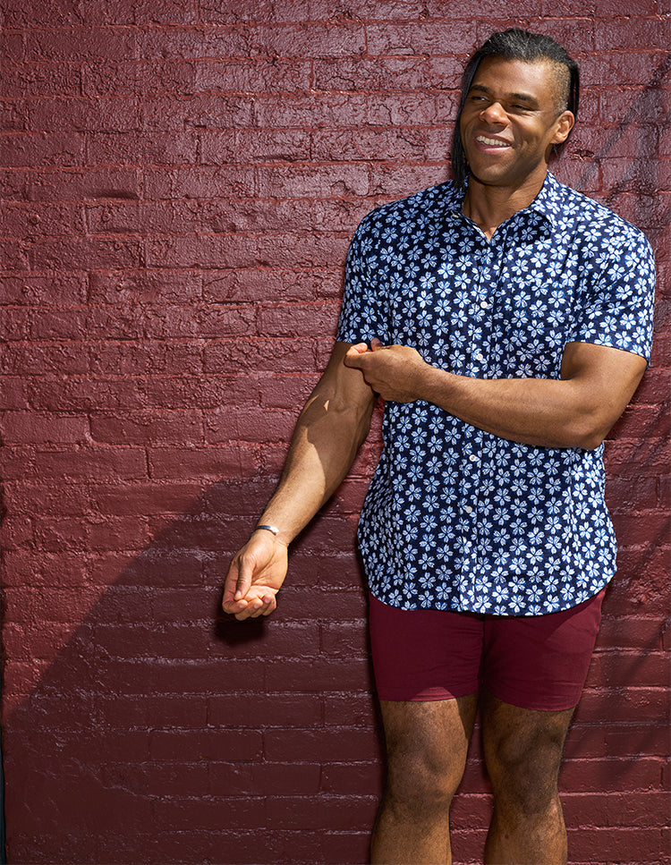 ORLANDO Short Sleeve Shirt in Inky Blue & White Japanese Floral Print