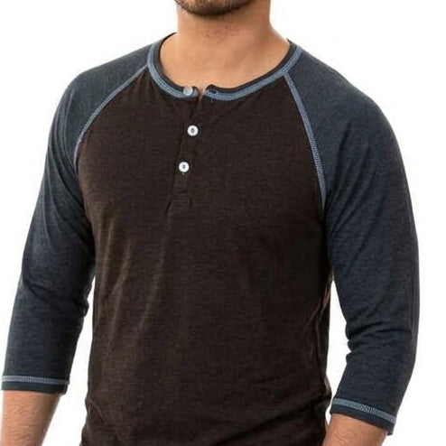 Tri-Blend Contrast 3/4 Sleeve Baseball Henley Shirt in Espresso & Steel Blue- Made in USA