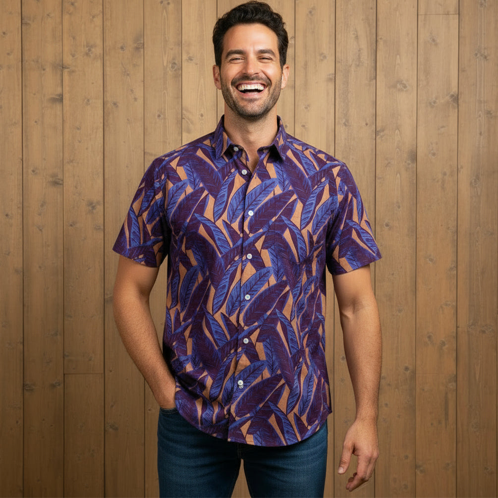 RAFAEL Short Sleeve Shirt in Purple & Tangerine Tropical Palms Print
