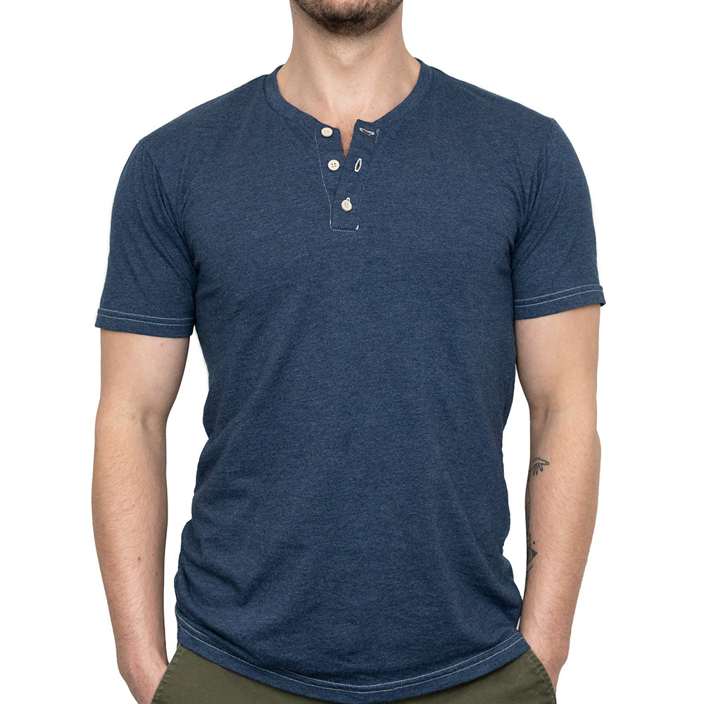 THE "SLUGGER" Short Sleeve Henley Tee in Navy Blue Heather (SIZE XL)