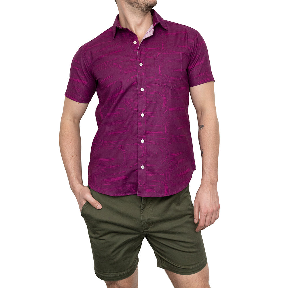BENSON Short Sleeve Shirt in Magenta Brush Stroke Print (Size S & M)