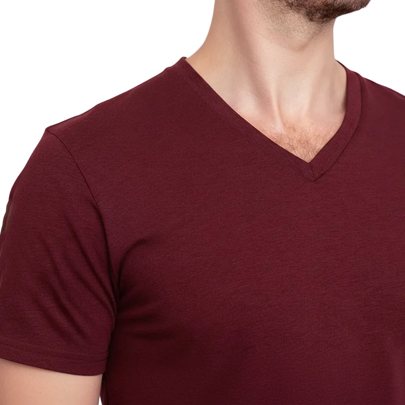 Red Wine Cotton V-Neck Short Sleeve Tee - Made In USA