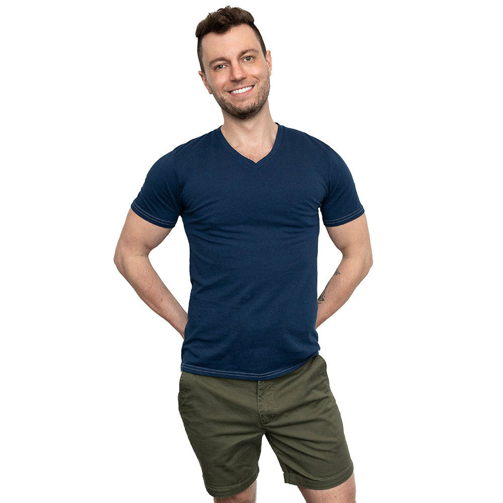 Navy Blue Cotton V-Neck Short Sleeve Tee - Made In USA