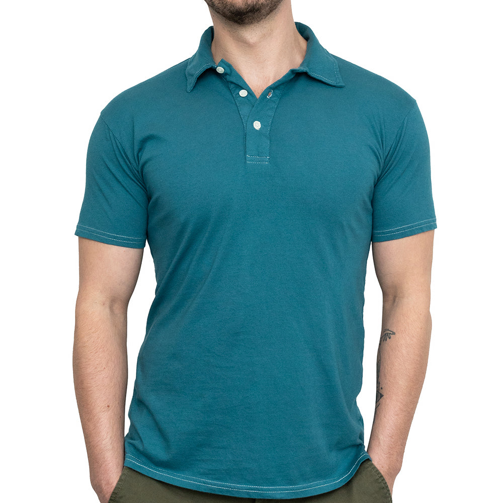 THE "HURLER" Organic Cotton Jersey Polo Shirt in Teal Blue (Size S)