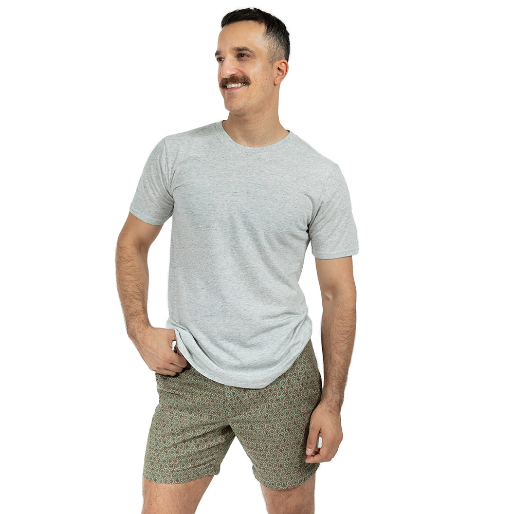 Khaki Japanese Floral Mosaic Print Cotton Shorts - Made in USA