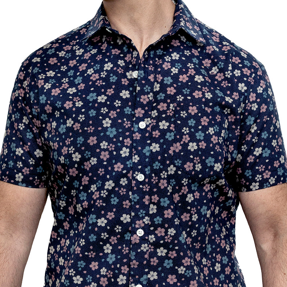 BOXTER Short Sleeve Shirt in Blue & Pink Japanese Floral Print (Size L)