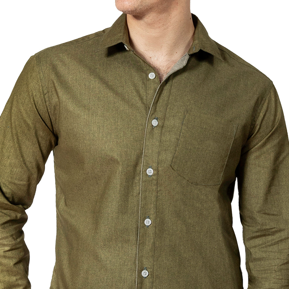 GARVER Long Sleeve Shirt in Olive All Over Japanese Solid Denim-Like Print