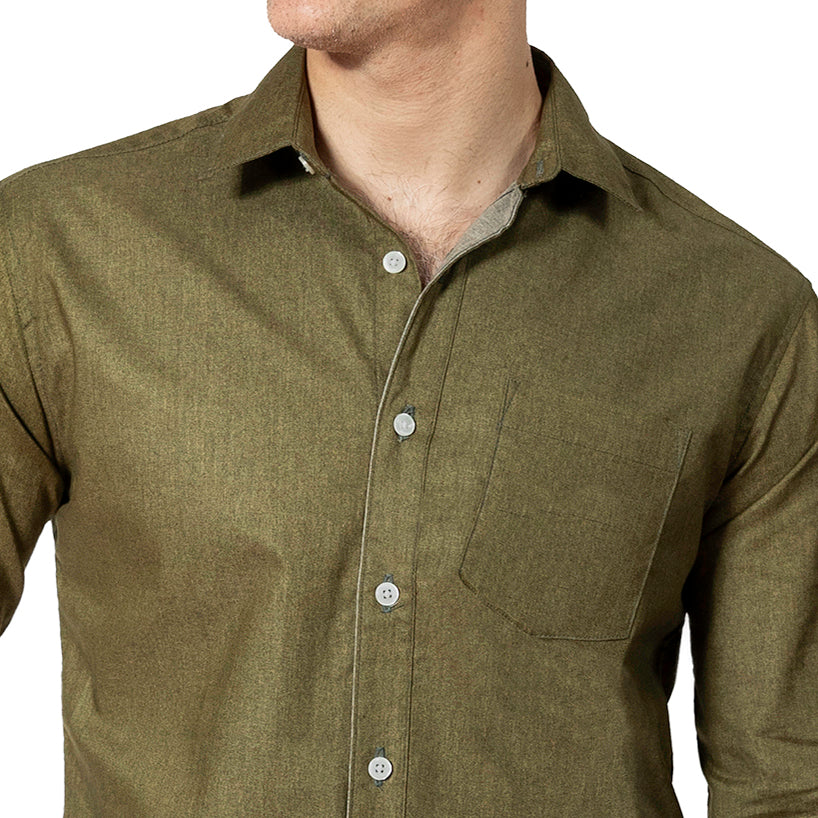GARVER Long Sleeve Shirt in Olive All Over Japanese Solid Denim-Like Print