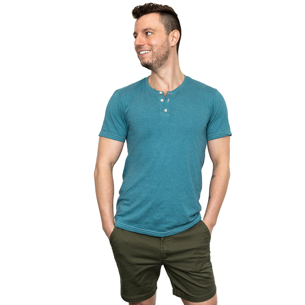 THE "SLUGGER" Short Sleeve Henley Tee in Teal Blue (SIZE S)