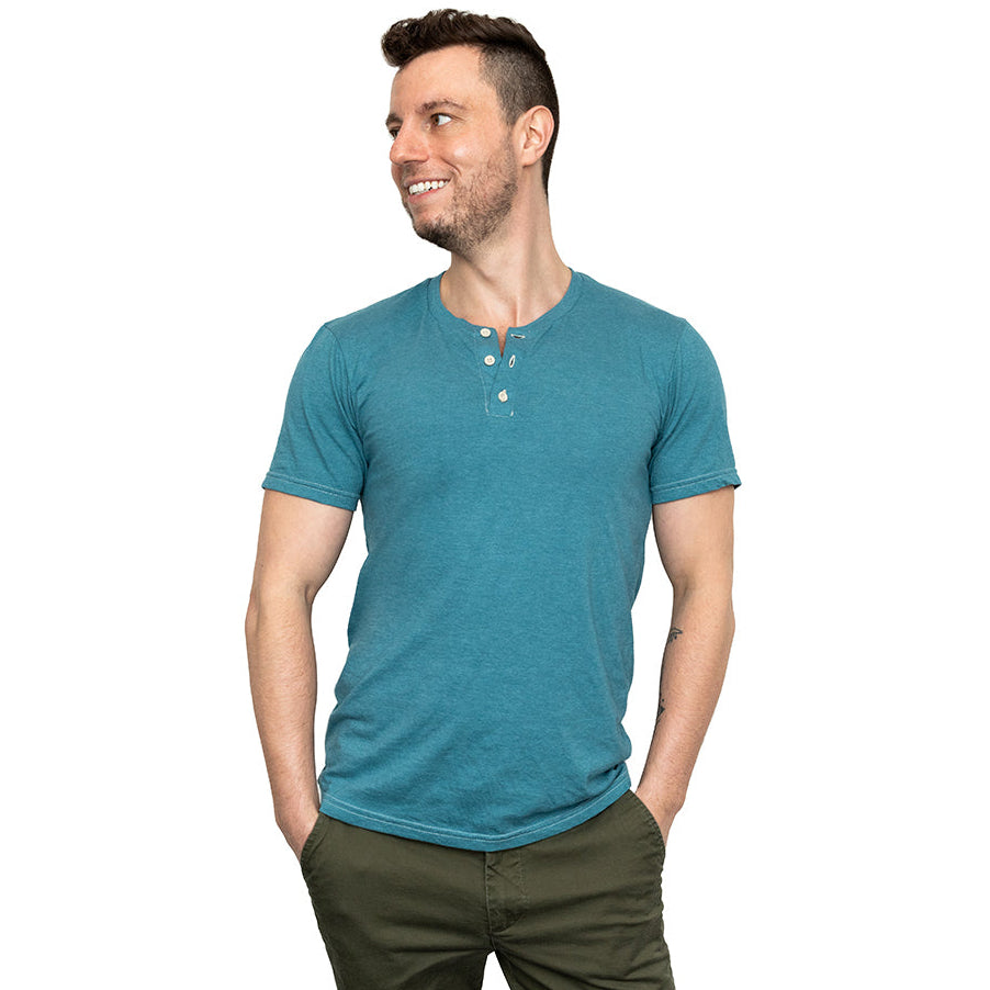THE "SLUGGER" Short Sleeve Henley Tee in Teal Blue