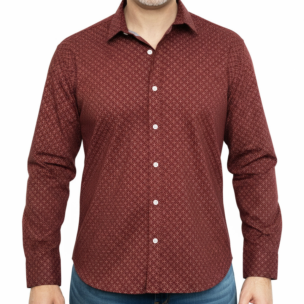 ETHAN Long Sleeve Shirt in Brick Red Geometric Floral (SIZE M)