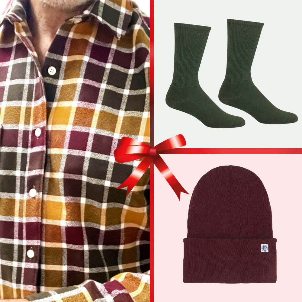GIFT SET in Ginger, Burgundy & Olive: Flannel, Hat & Socks