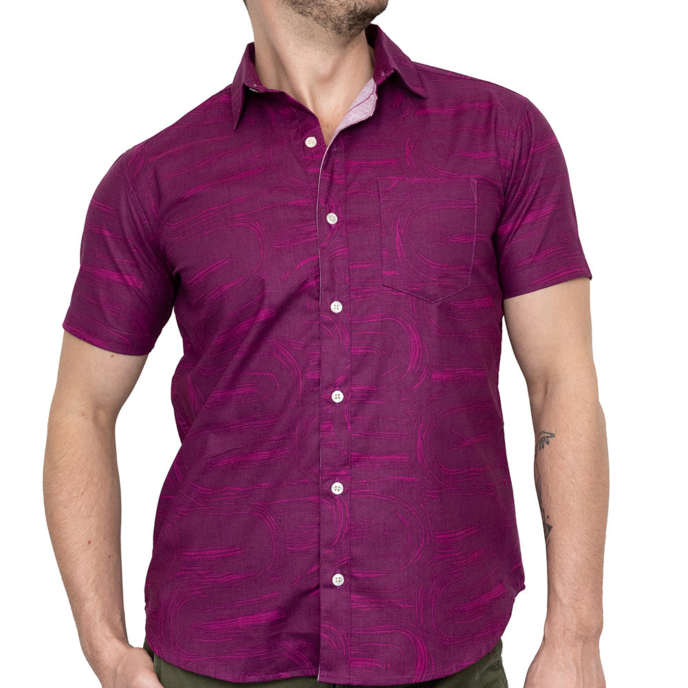 BENSON Short Sleeve Shirt in Magenta Brush Stroke Print (Size S & M)