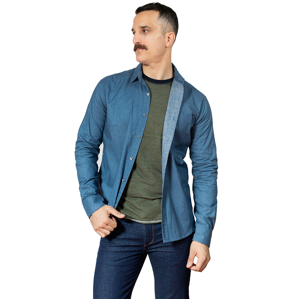 WALTON Long Sleeve Shirt in Blue All Over Japanese Solid Denim-Like Print