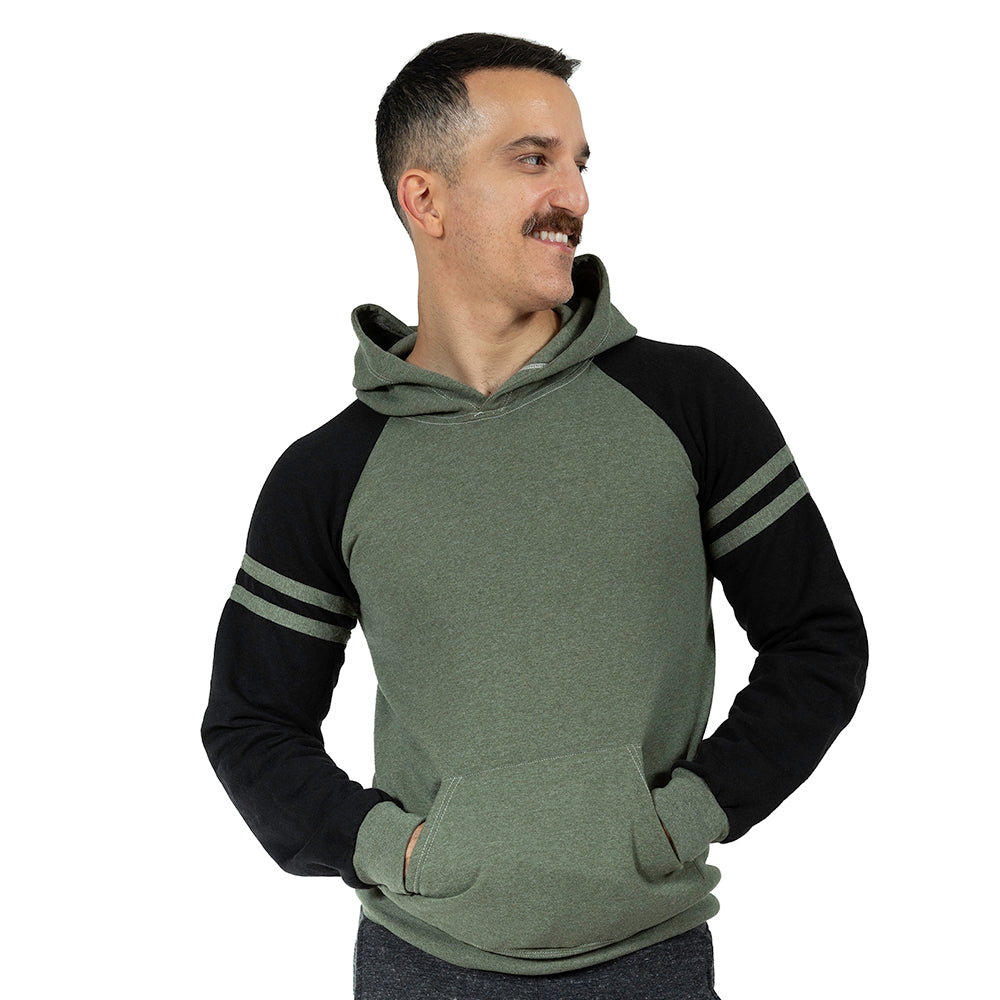Olive Heather & Black Varsity Stripe Popover Hoodie