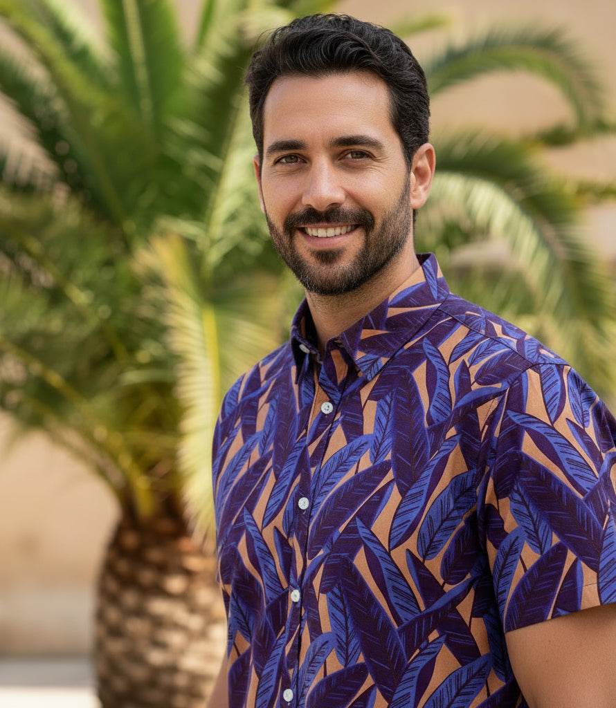 RAFAEL Short Sleeve Shirt in Purple & Tangerine Tropical Palms Print