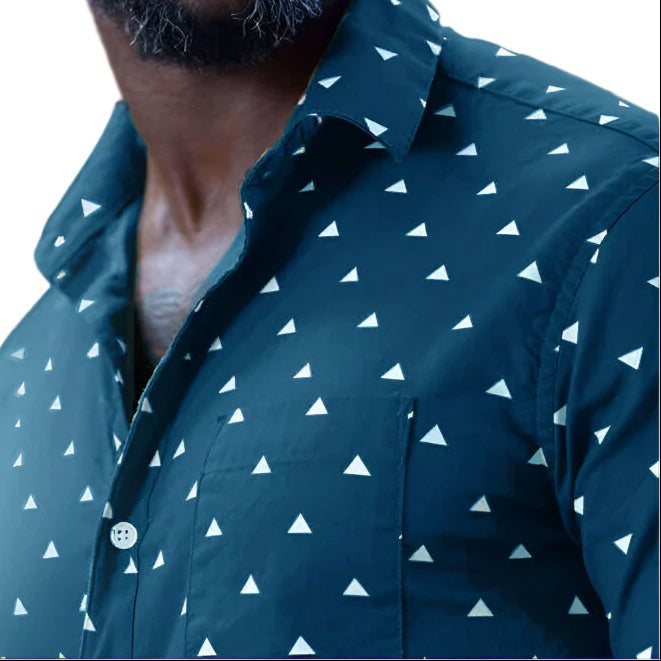 TIMO Short Sleeve Shirt in Peacock Blue Japanese "Uroko-Inspired" Print (Size S)
