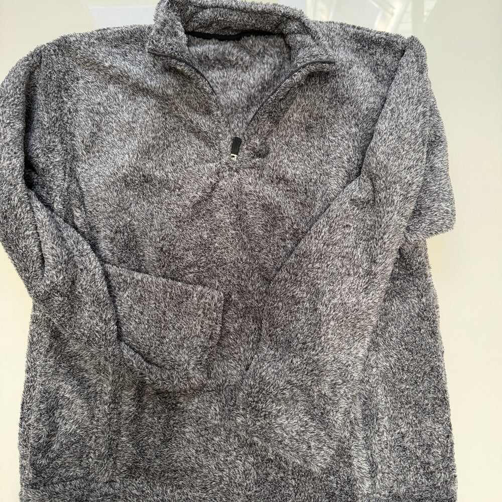 Sample Sale B8: Black Flecked Shag Textured Quarter Zip Sweatshirt: Size LARGE