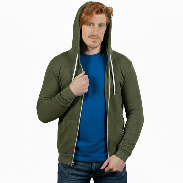 The "Starter" Full Zip 50/50 Hoodie in Army Green Heather