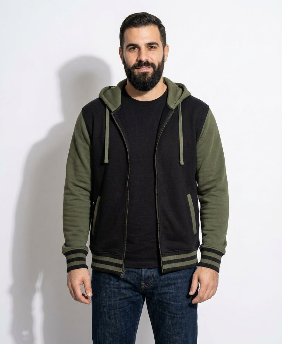 Army Green and Black Full ZIp Fleece Varsity Hoodie