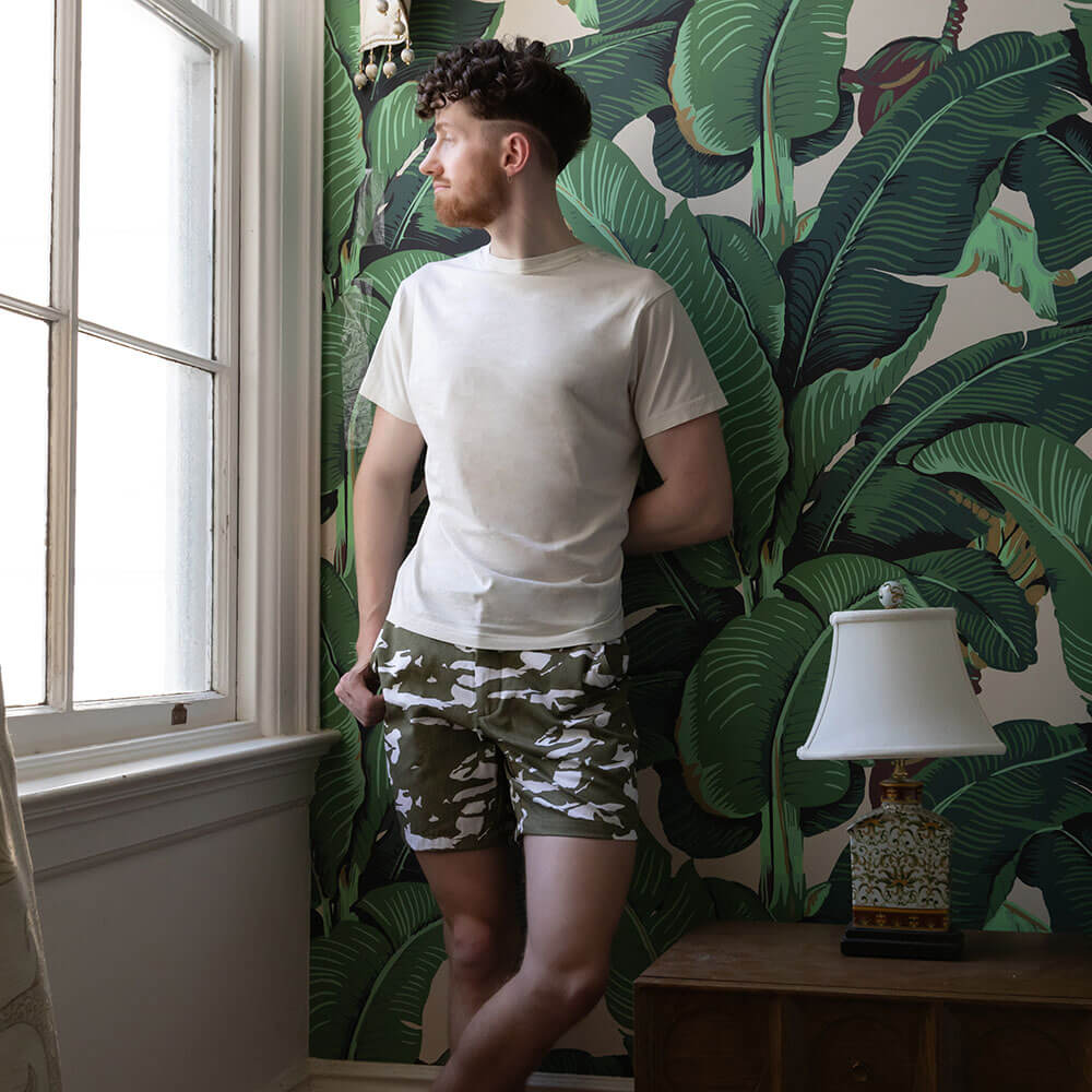 Olive & White Abstract Tiger Stripe Japanese Print Cotton Shorts - Made in USA (SIZE 32)