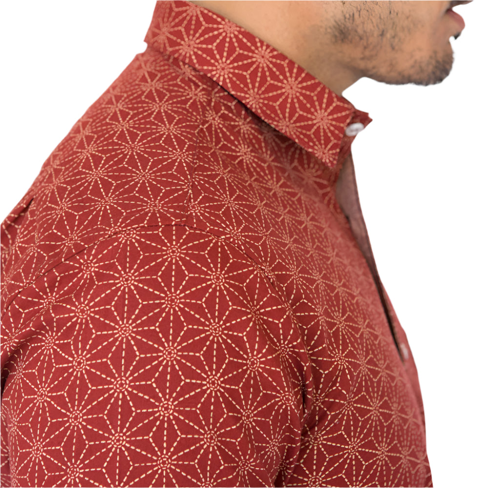 JONES Short Sleeve Shirt in Tomato Red Japanese Geometric Floral 'Asan Blade + Blue JONES Short Sleeve Shirt in Tomato Red Japanese Geometric Floral 'Asan Blade + Blue