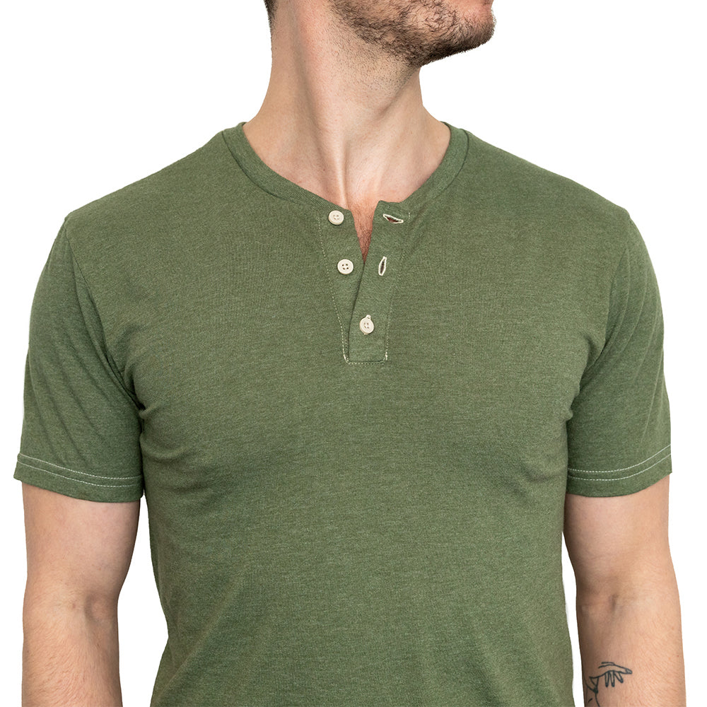 THE "SLUGGER" Short Sleeve Henley Tee in Army Green Heather (SIZE M)