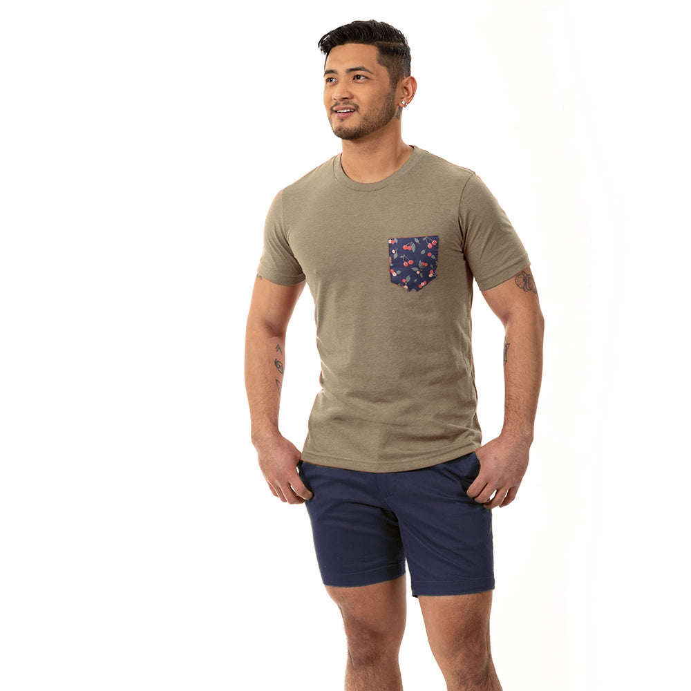 Olive Heather With Cherry Print Pocket T-Shirt