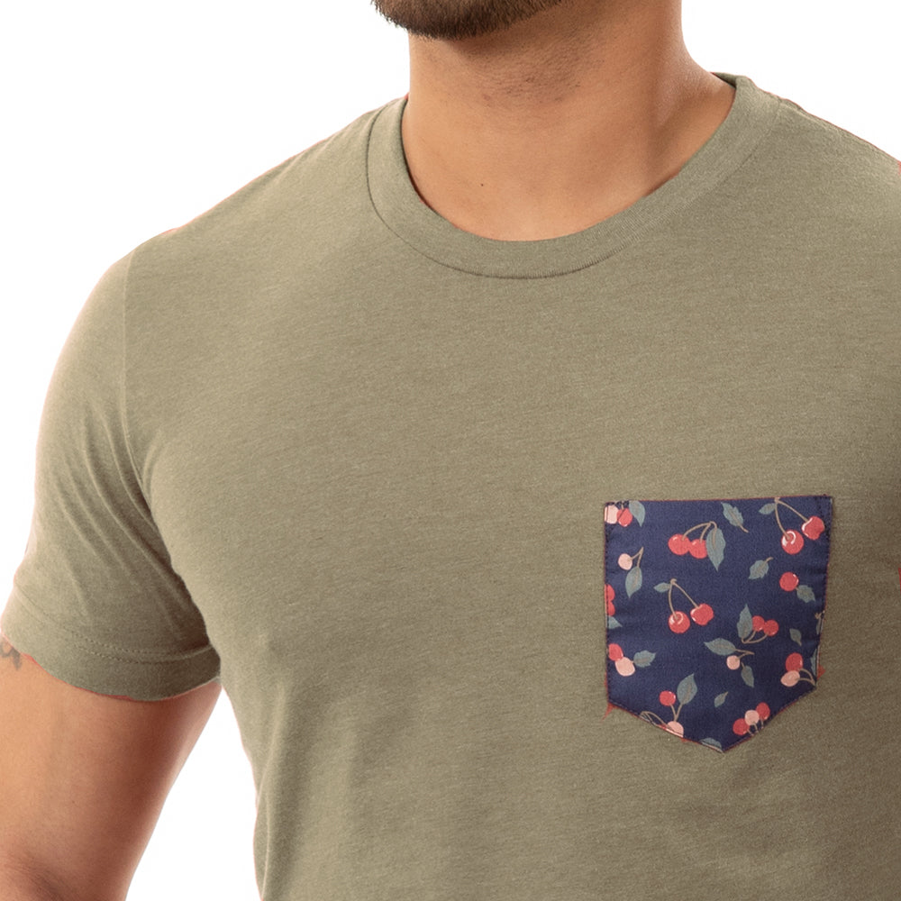 Olive Heather With Cherry Print Pocket T-Shirt