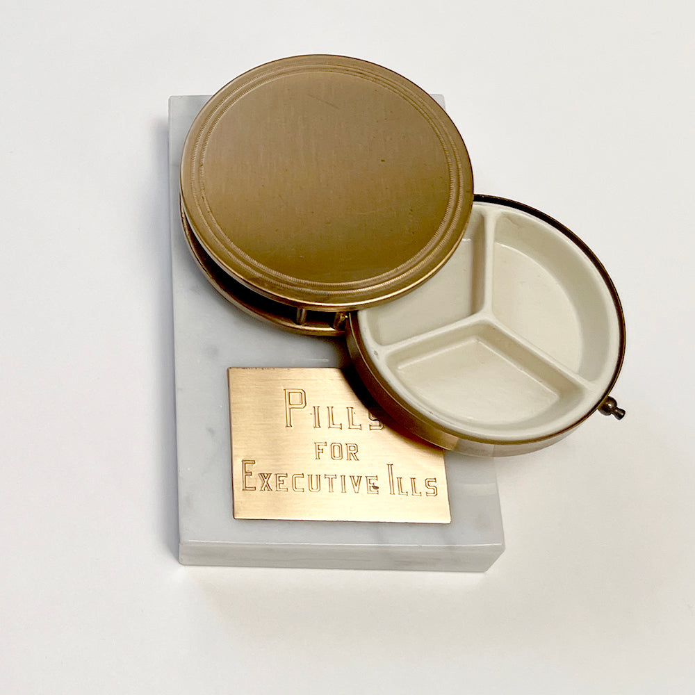 Vintage "Pills For Executive Ills" Marble And Metal Pill Box Container